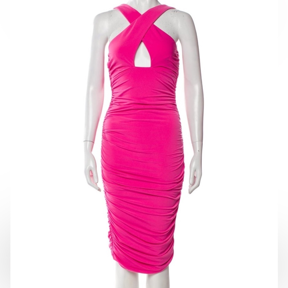 NOOKIE Aria Midi Dress in Black Elegant Pink Sleeveless Dress Keyhole Halter Med